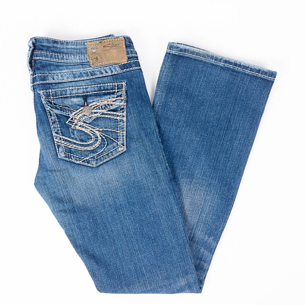 Silver Pioneer Bootcut Womens Jeans Distressed Dark Wash Size 27/31
